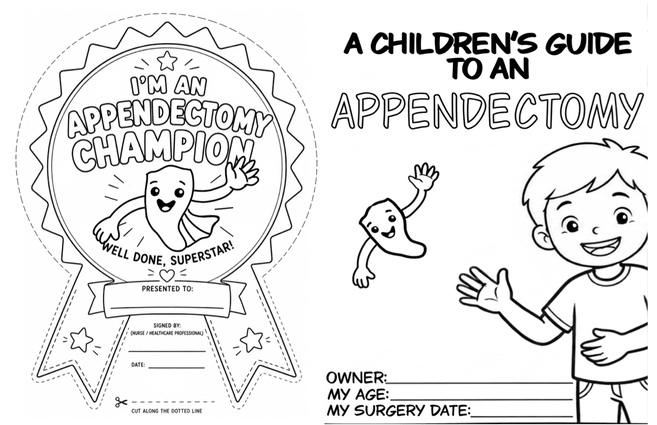 Front side of the appendectomy playbook sheet: the cover, a 'what is my appendix' page, connect-the-dots, and an Appendectomy Champion certificate