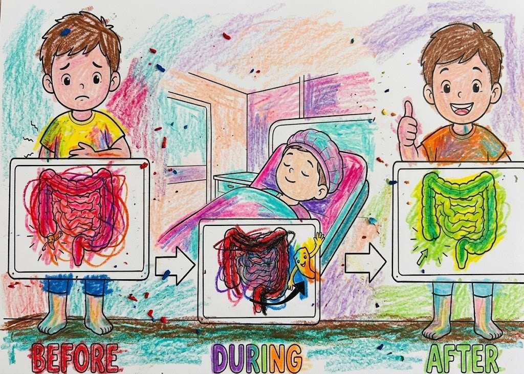 A Before, During, and After activity page walking through an appendix procedure