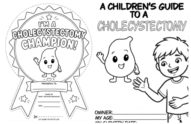Front side of the cholecystectomy playbook sheet: the cover, a 'what is my gallbladder' page, a word search, and a Cholecystectomy Champion certificate