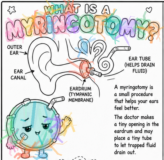 A colored-in activity page explaining what a myringotomy is