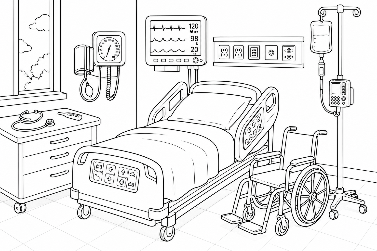A hospital room with a bed, and tools waiting to be found: a blood pressure cuff, heart monitor, stethoscope, thermometer, bed controls, IV pole, and wheelchair.