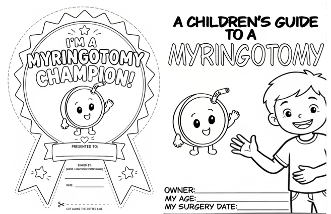 Front side of the ear tubes playbook sheet: the cover, a 'what is my eardrum' page, connect-the-dots, and a Myringotomy Champion certificate