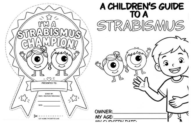 Front side of the strabismus playbook sheet: the cover, a 'what is strabismus' page, a word search, and a Strabismus Champion certificate