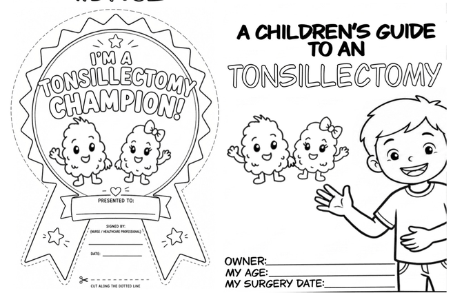 Front side of the tonsillectomy playbook sheet: the cover, a 'what are my tonsils' page, a word search, and a Tonsillectomy Champion certificate