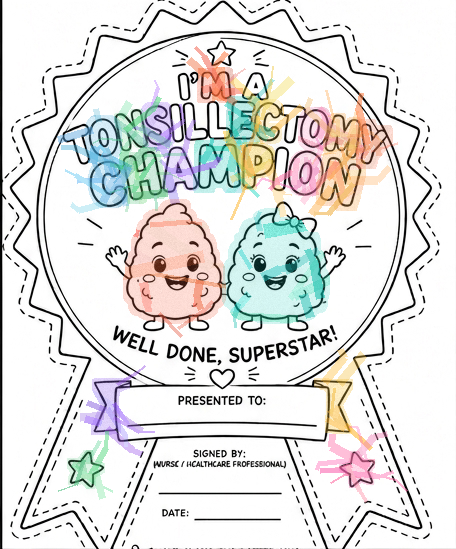 A colored-in tonsillectomy champion certificate with two tonsil characters